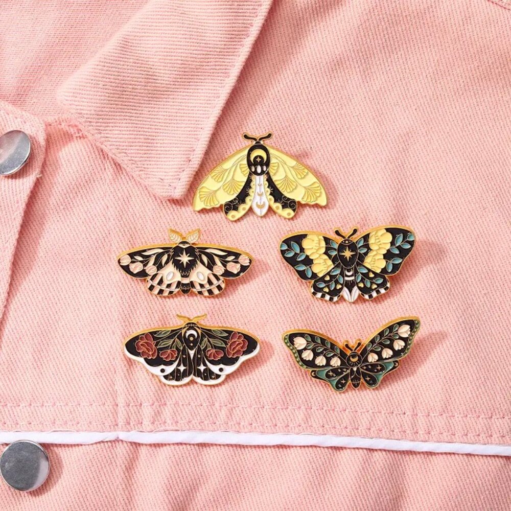 Set of (5) Beautiful Floral Moth Pins - Brand-New in Gift Box!